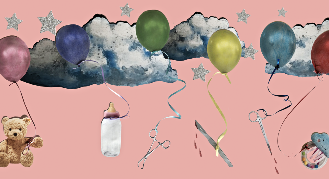 illustration med ballonger kniv och sax