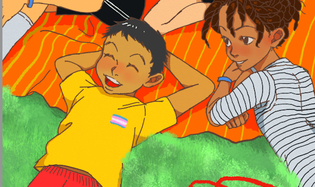 Barn med transflaggor på picknickfilt