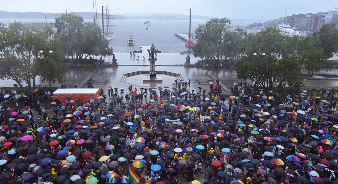 Bild av minnestund med många människor som håller färgglada paraplyer.