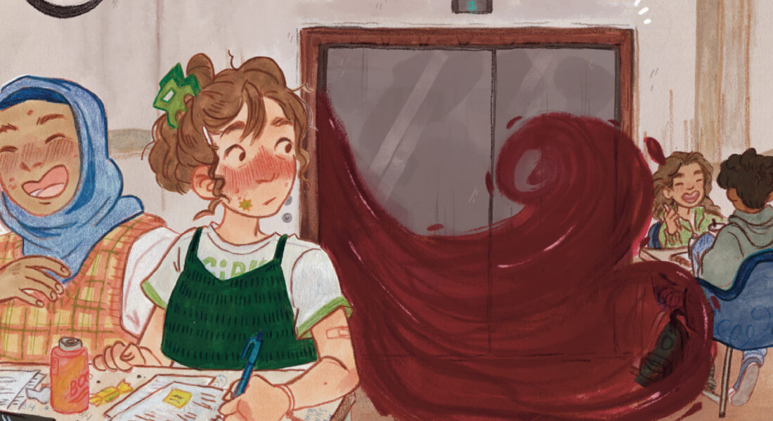 Illustration som visar elever som sitter i en skolmatsal, och bakom dem ur ett par hissdörrar väller blod ut.