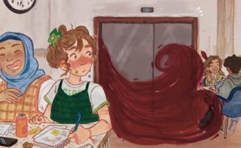 Illustration som visar elever som sitter i en skolmatsal, och bakom dem ur ett par hissdörrar väller blod ut.